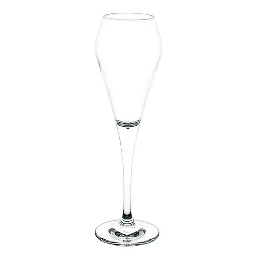 Clear champagne flute on a white background