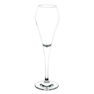 Clear champagne flute on a white background