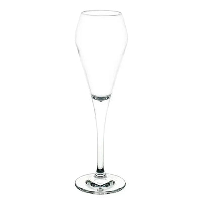 Clear champagne flute on a white background