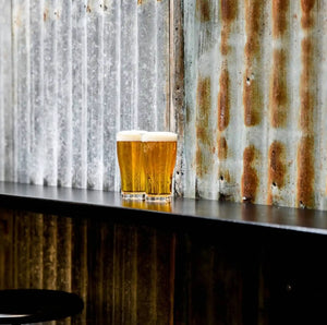 Two glasses of golden beer with foamy white heads.