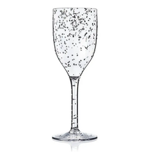 A clear unbreakable glitter wine glass with a sparkling finish.