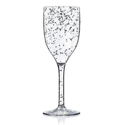 A clear unbreakable glitter wine glass with a sparkling finish.
